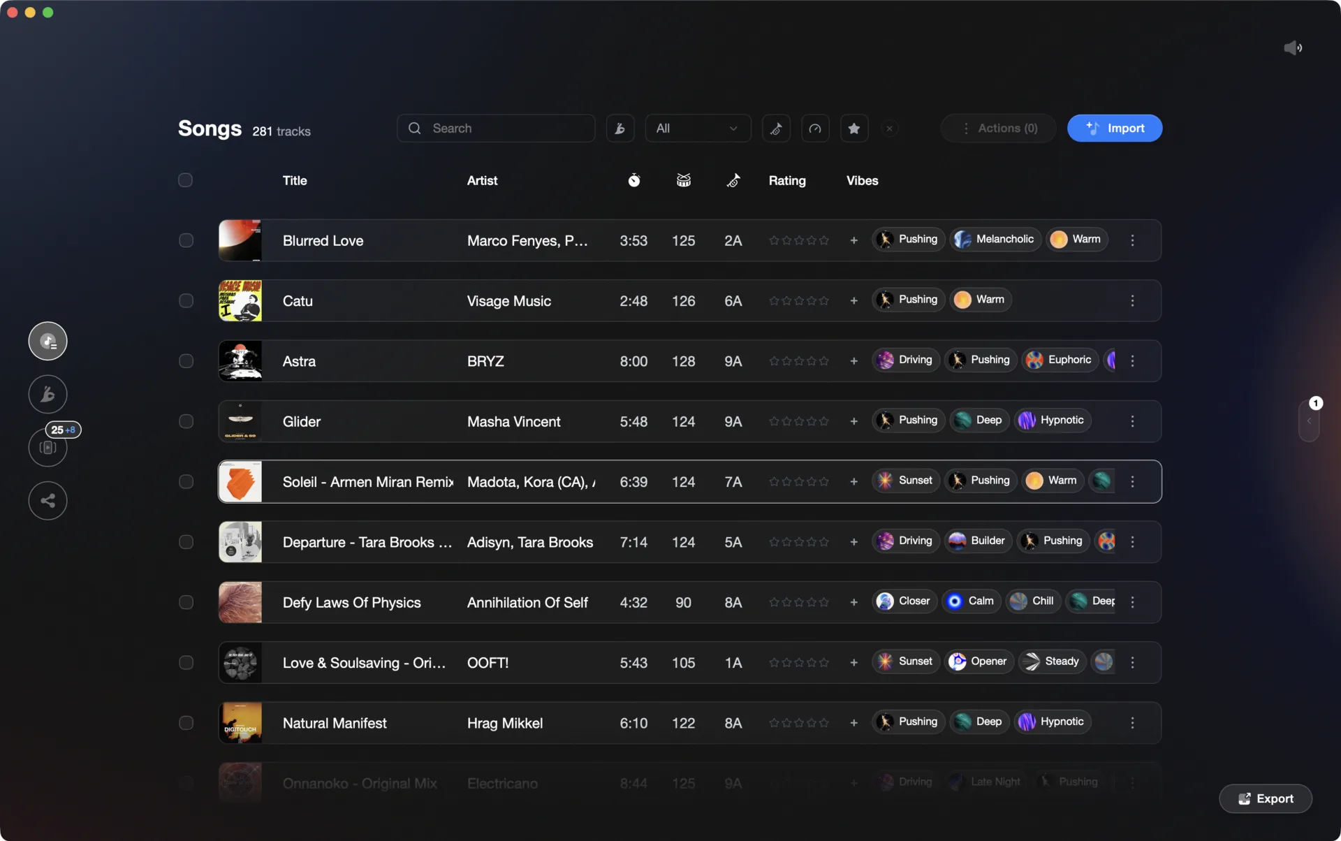 Vibes All Songs library with filters for BPM, key, rating, and vibes