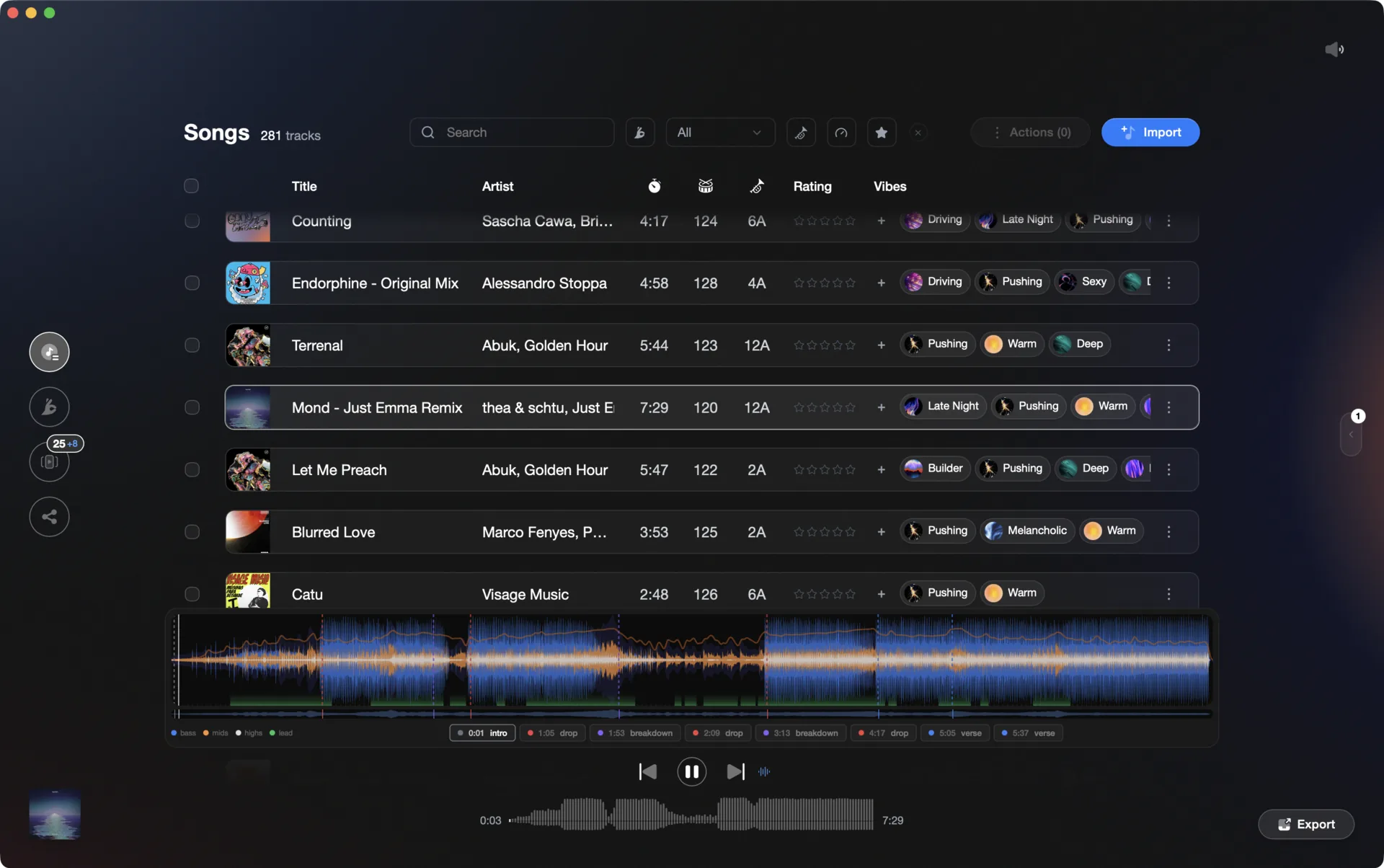 Vibes track view with waveform, BPM, and key after local analysis