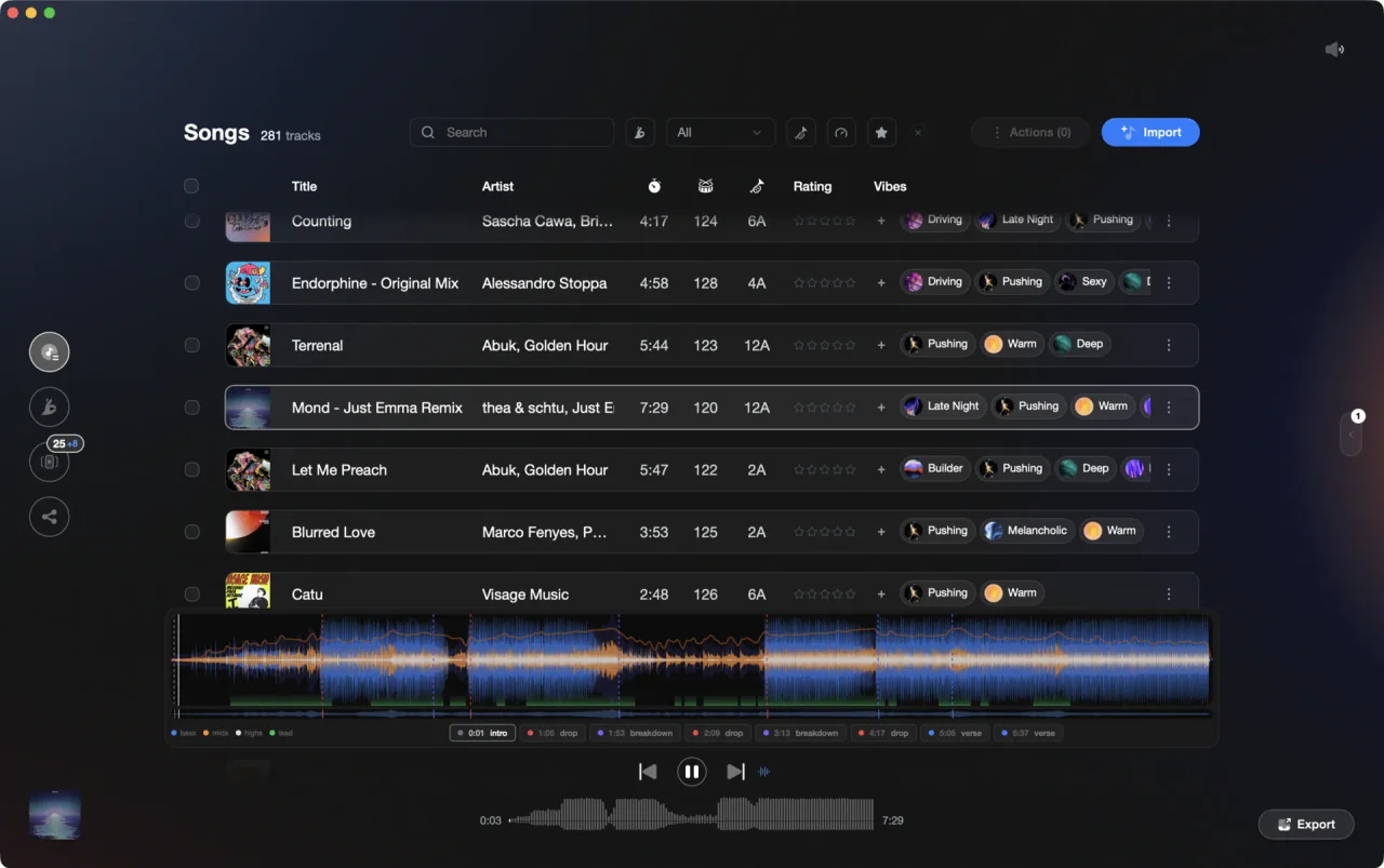Vibes showing a track waveform with BPM, key, and analysis details