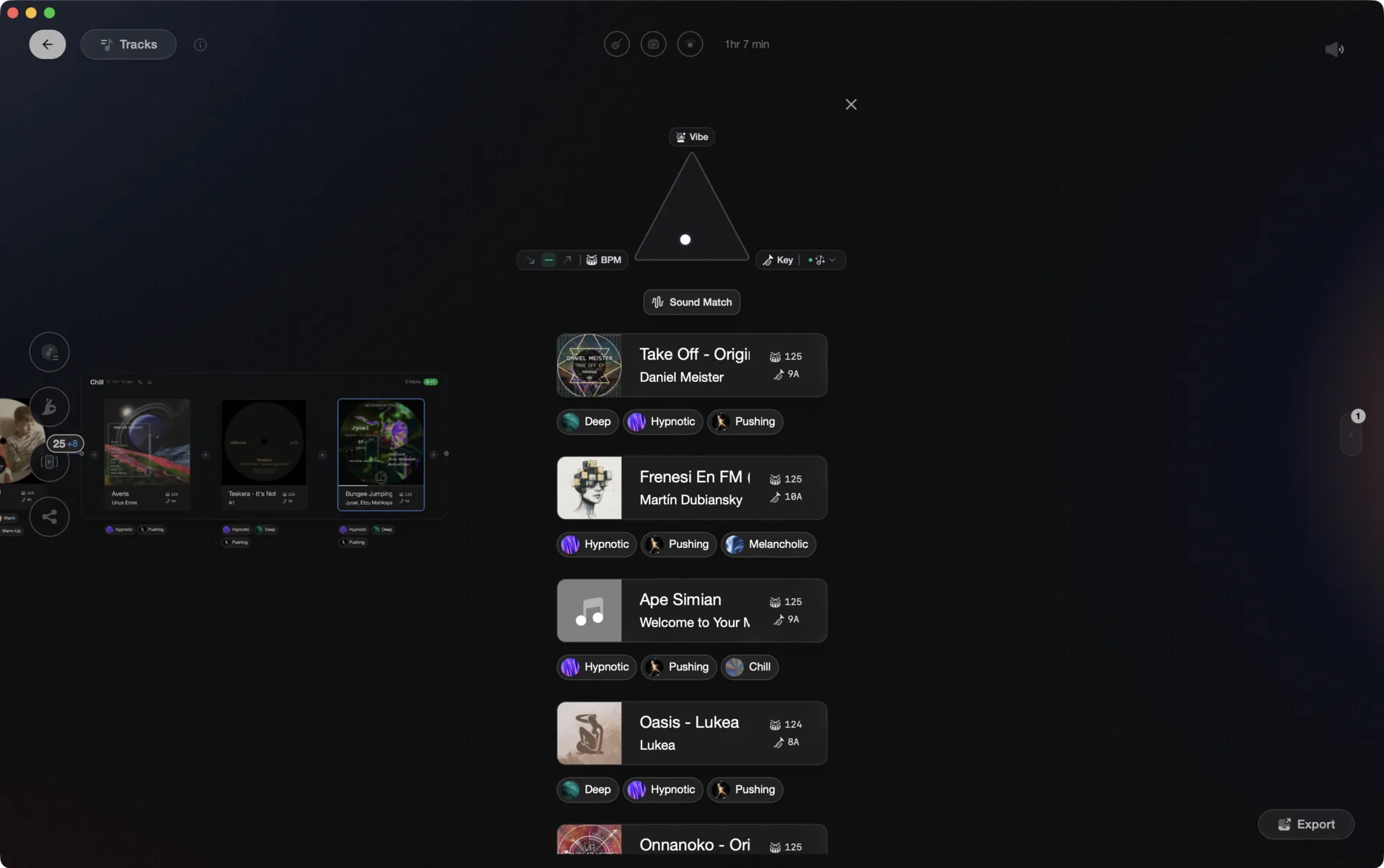 Vibes suggesting in-key next tracks, each labeled with its Camelot key alongside BPM