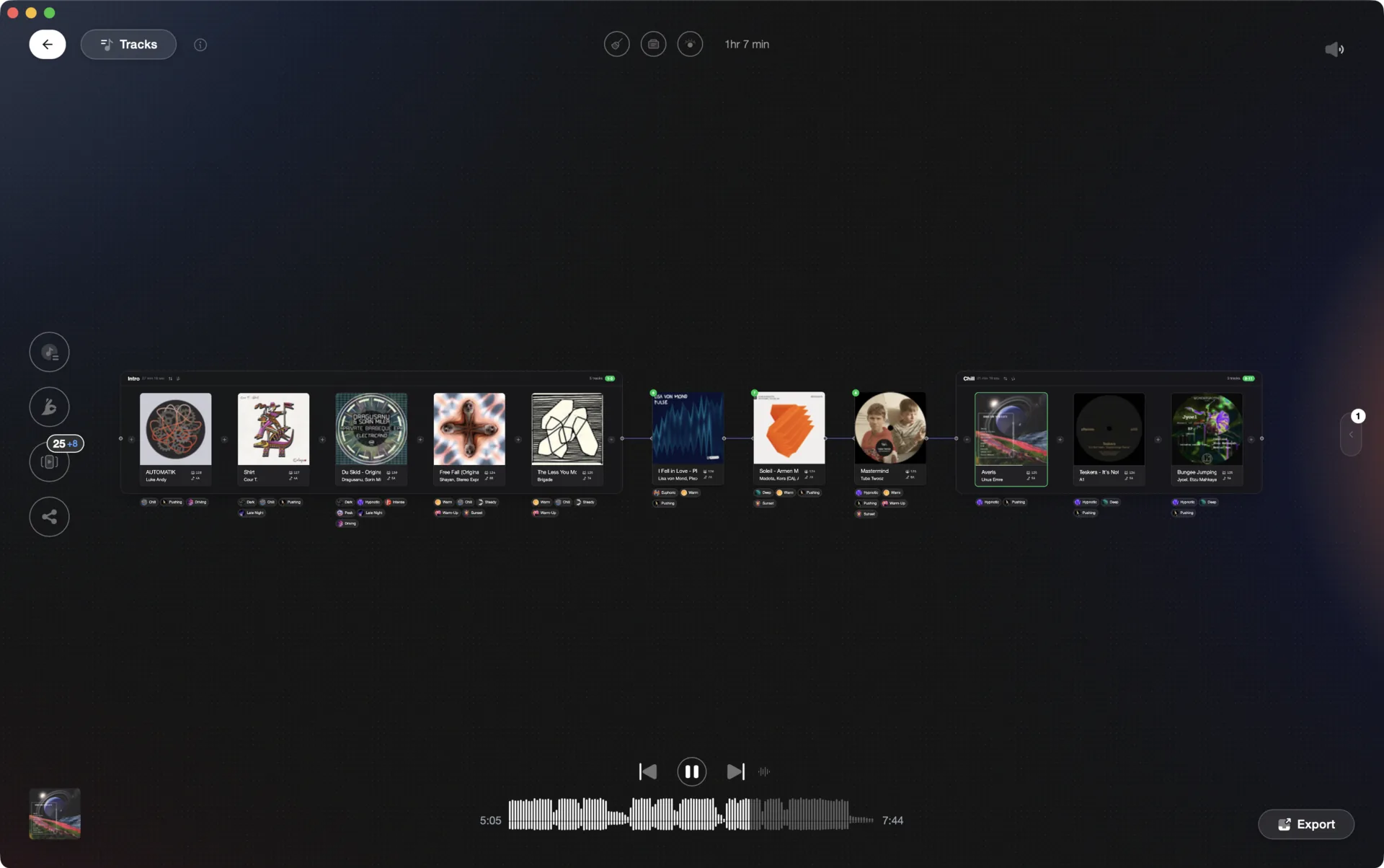Vibes Set Designer canvas with tracks connected into a set
