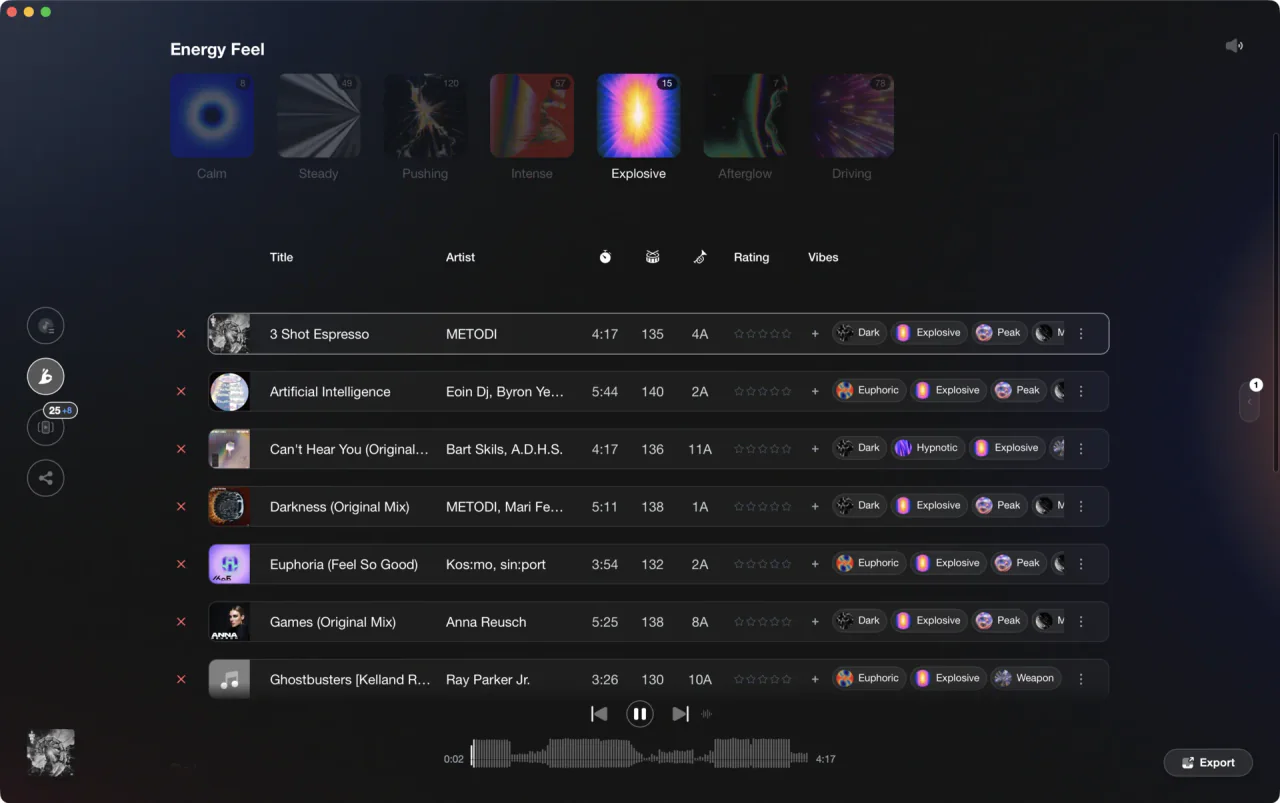 Tracks being organized into a custom category in Vibes