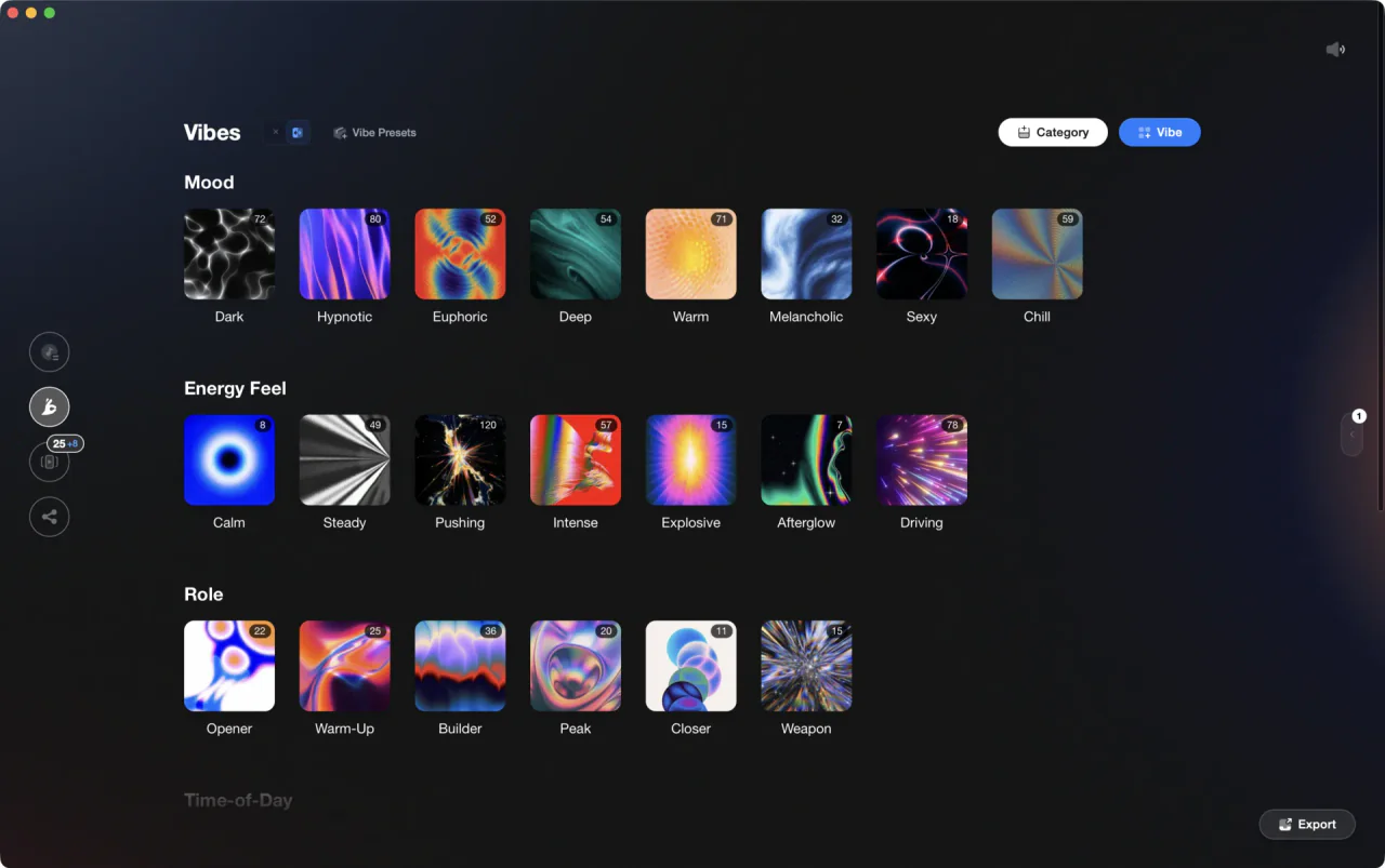 Vibes desktop app with a DJ library organized into custom vibes like Dark, Hypnotic, and Warm