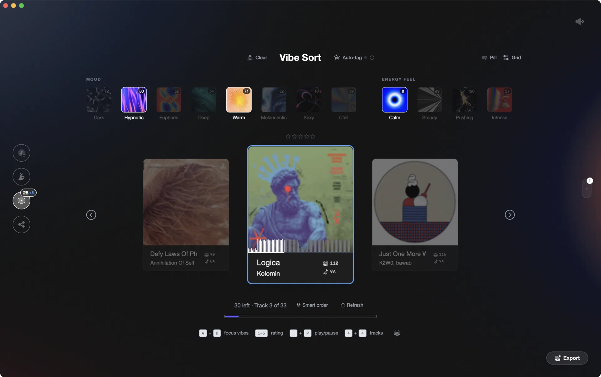 Vibe Sort strip layout focusing one track with a single row of vibes for fast tagging